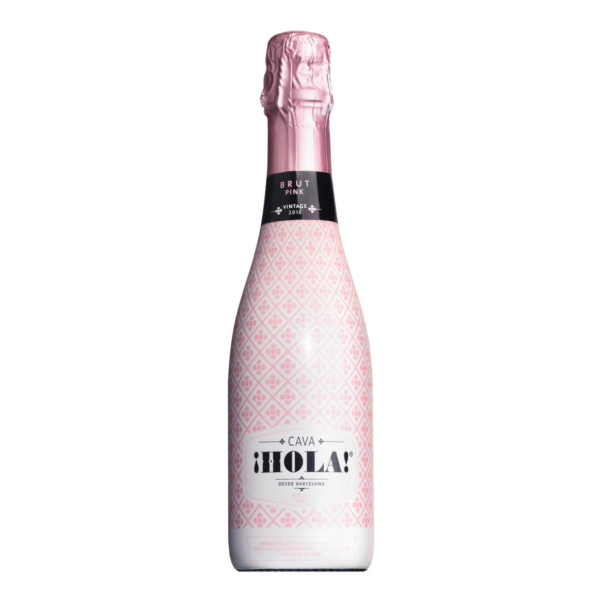 Eine 0,35-Liter-Flasche Barcelona Brands Cava iHola! Rosé Brut, ein spanischer Schaumwein, ist mit einem rosa gemusterten Etikett und Folie versehen.