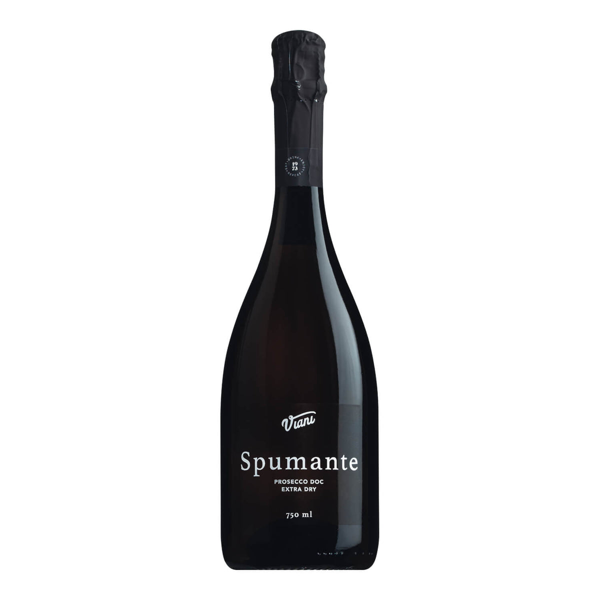 Eine 0,75 l Flasche Viani & Co. Prosecco DOC Spumante Schaumwein extra trocken mit schwarzem Foliendach.