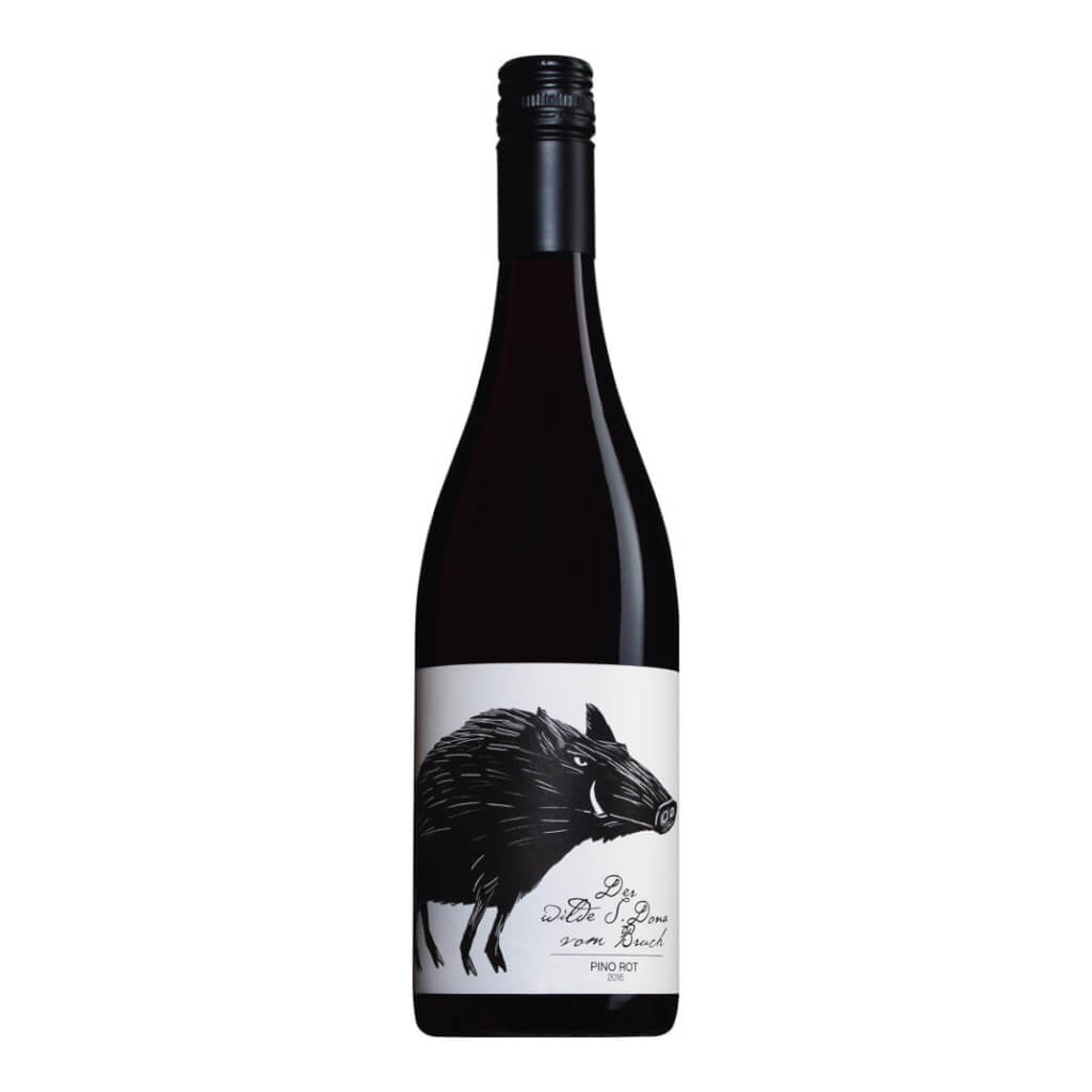 Eine 0,75-Liter-Flasche Der wilde S. Dona vom Bruch die Wildsau Pino Rot von Sighardt Donabaum, mit einem schwarz-weißen Etikett.