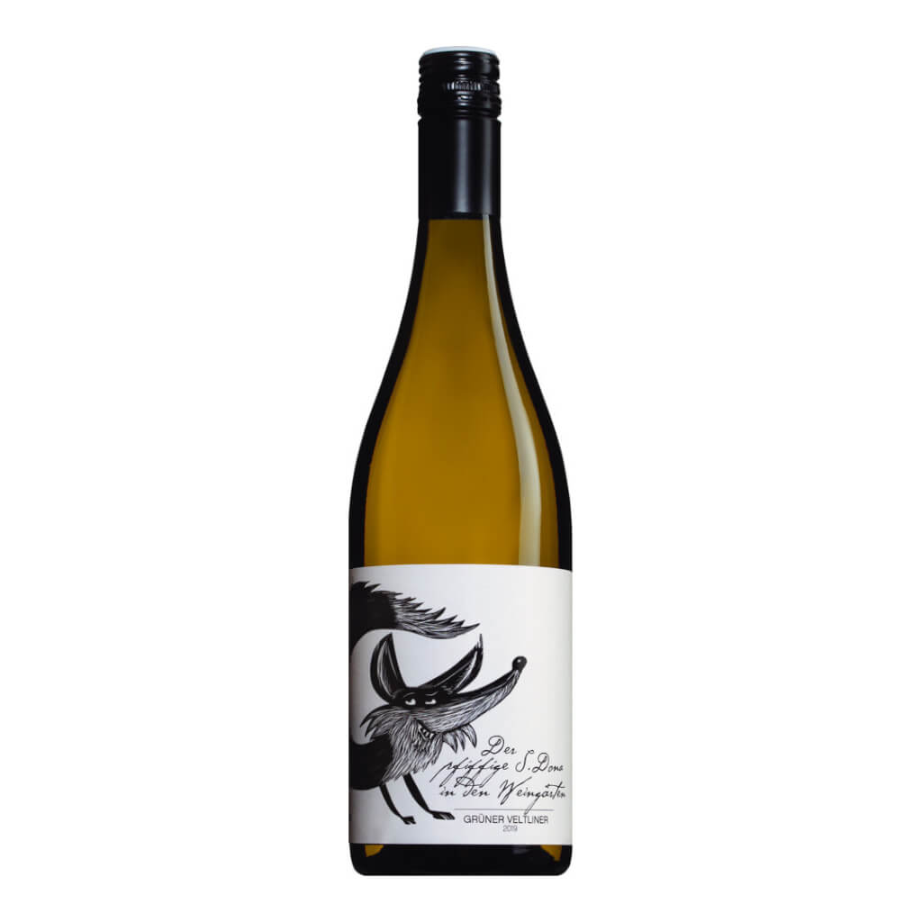 Eine 0,75-Liter-Flasche Sighardt Donabaum Grüner Veltliner S. Dona der Fuchs mit einem schwarzen Schraubverschluss und einem Etikett mit einem illustrierten schwarzen Fuchs.