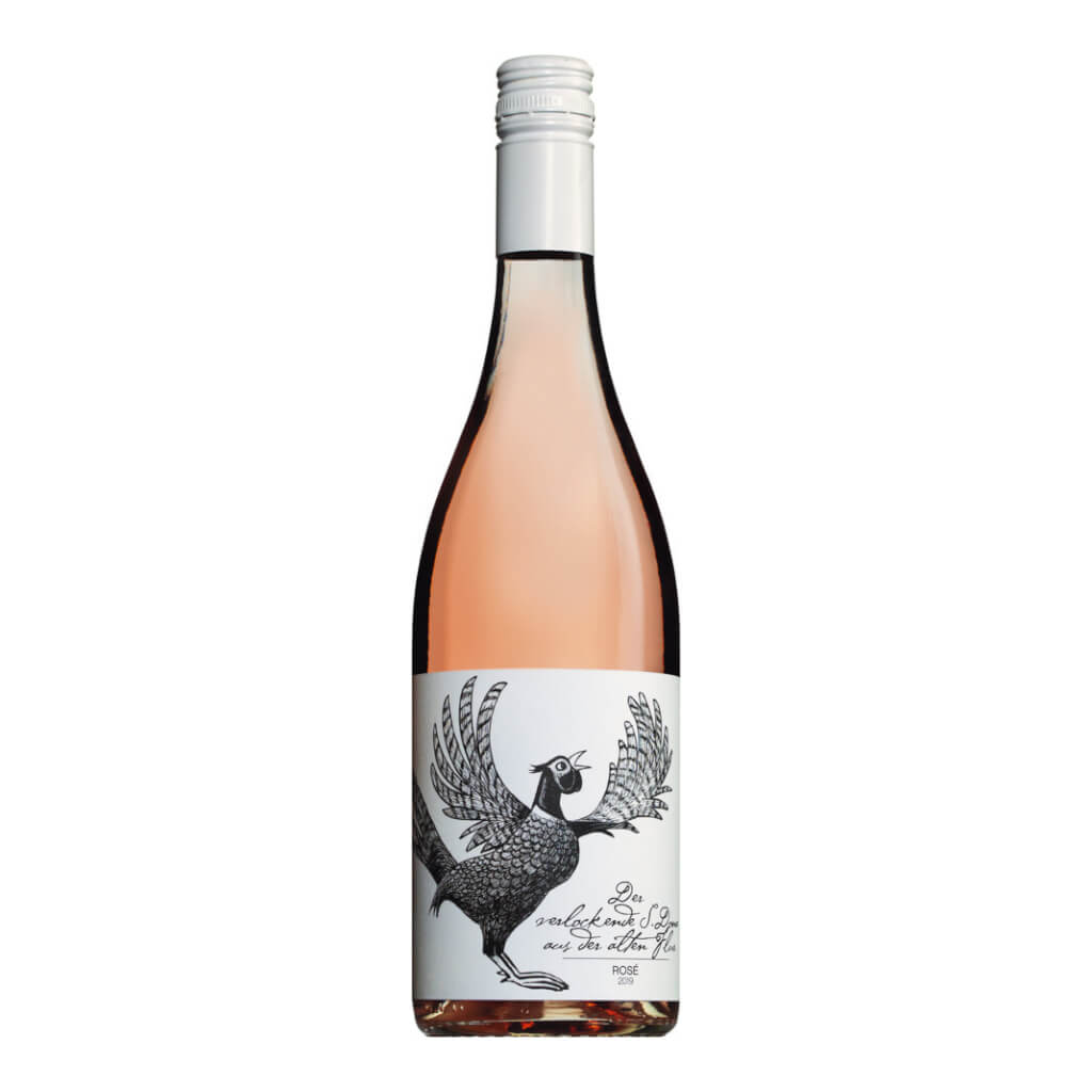 Eine 0,75-l-Flasche Der verlockende S.Dona aus der alten Flur Roséwein von Sighardt Donabaum mit weißem Etikett und schwarzer Vogelillustration mit ausgebreiteten Flügeln.