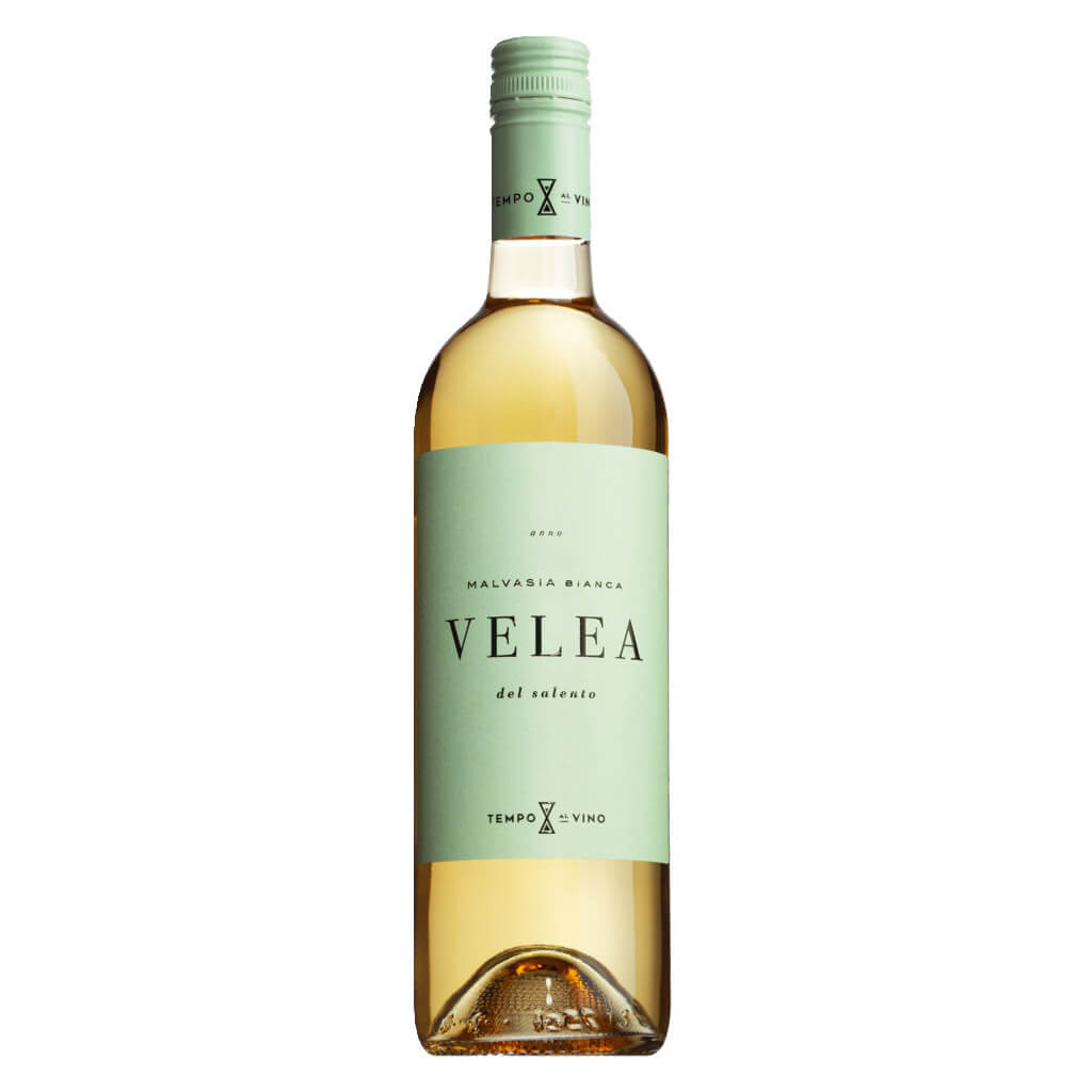 Eine 0,75 l Flasche Tempo al Vino Velea Malvasia Bianca del Salento Weißwein IGT mit hellgrünem Etikett und passendem Verschluss.