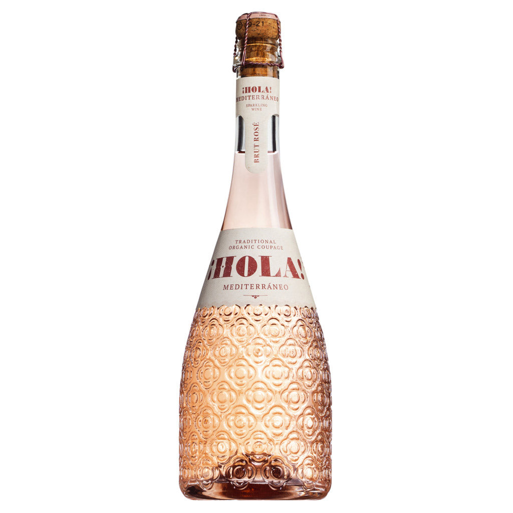 Eine 0,75-Liter-Flasche Cava iHola! Mediterráneo Brut Rosé von Barcelona Brands mit einem dekorativen rosa Glas und weißem Etikett.