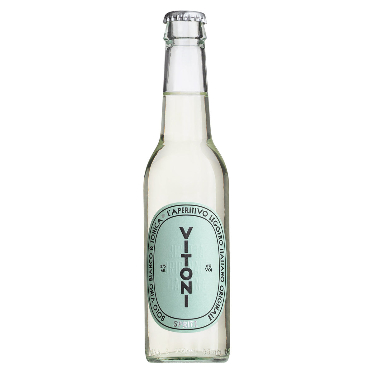 Eine 275 ml Klarglasflasche Vitoni Spritz Bianco weinhaltiger Aperitiv von Vitoni mit hellblauem Etikett und silbernem Verschluss.