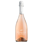 Eine klare Flasche Viani & Co. Prosecco DOC Rosé Brut Millesimato 0,75l mit weißem Etikett und Folie, gefüllt mit rosa Schaumwein.