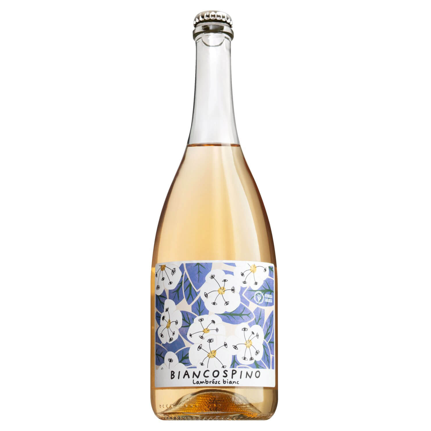 Eine Flasche Vitivinicola Fangareggi Lambrusco Bianco, Weißer Perlwein aus der Emilia Romagna, mit einem Etikett mit Blumenmuster auf weißem Hintergrund.