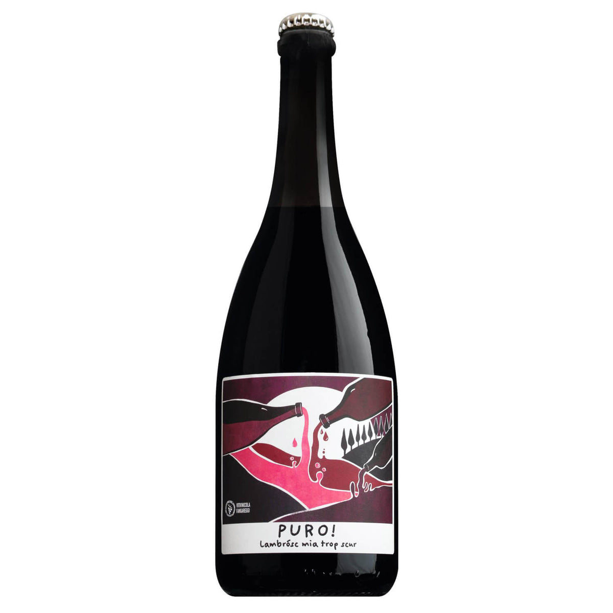 Eine dunkle Flasche mit der Aufschrift Lambrusco Puro, Roter Perlwein aus der Emilia Romagna von Vitivinicola Fangareggi, auf der abstrakte Bilder von zwei Gesichtern und Weingläsern zu sehen sind.