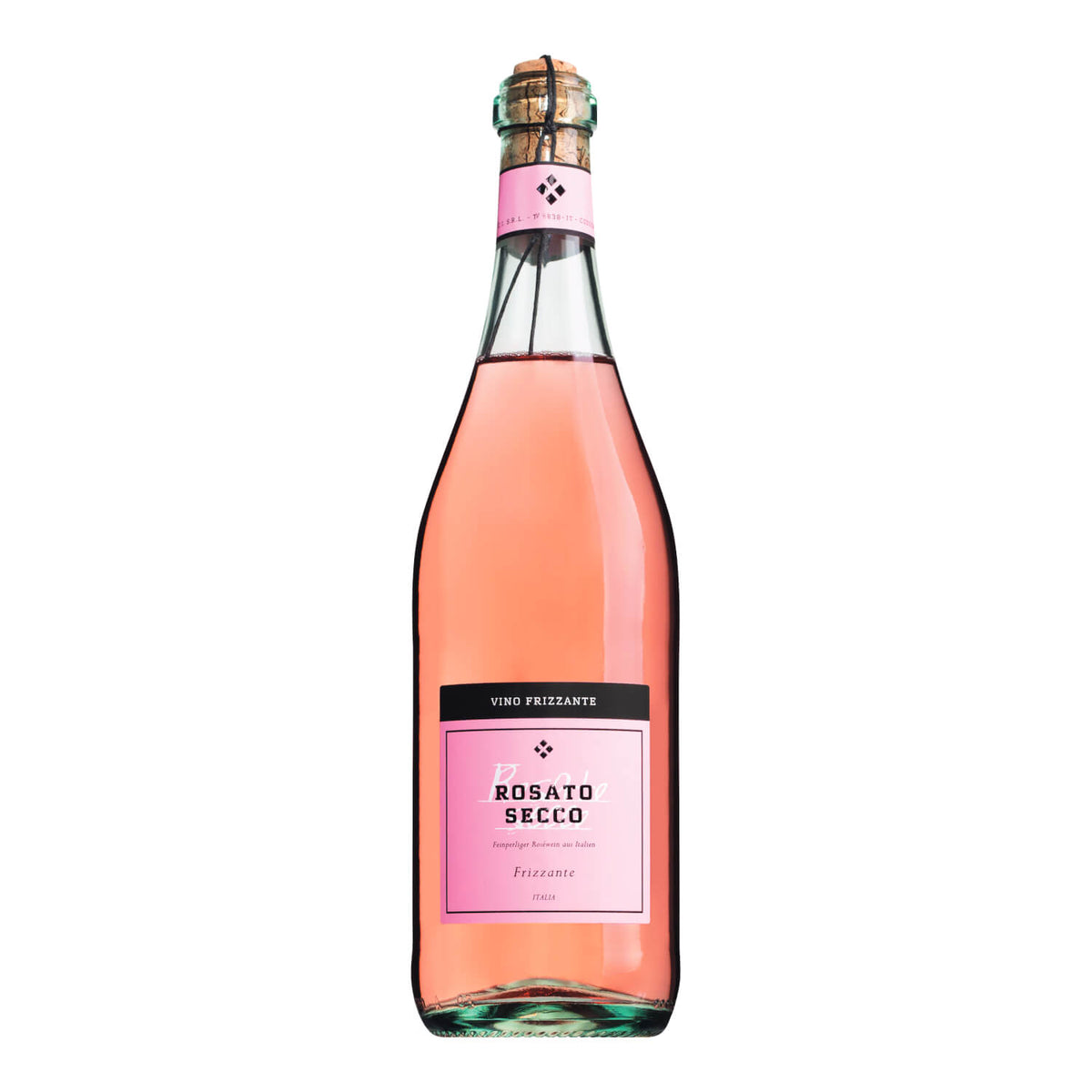 Eine 0,75-Liter-Flasche Grandi Spumanti Rosato Frizzante delle Venezie Rosé Schaumwein mit rosa Etikett und Korkverschluss.