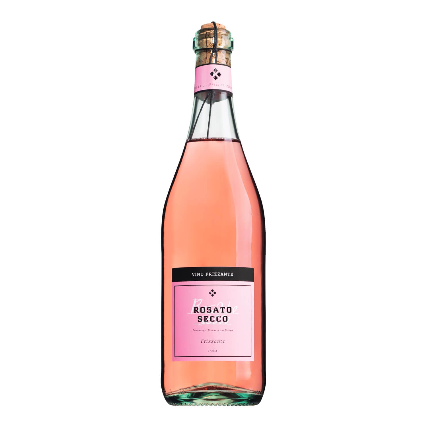 Eine 0,75-Liter-Flasche Grandi Spumanti Rosato Frizzante delle Venezie Rosé Schaumwein mit rosa Etikett und Korkverschluss.