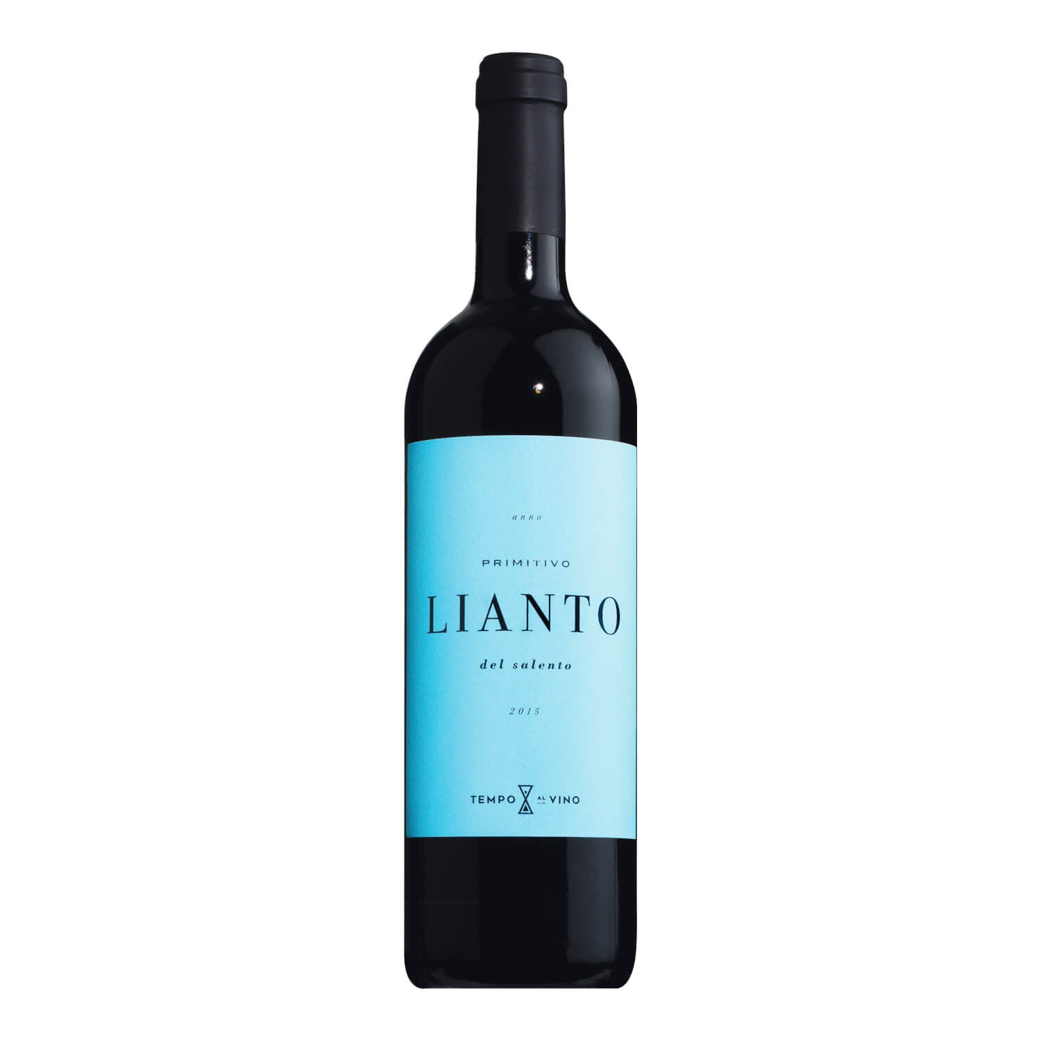 Eine 0,75 l Flasche Primitivo Salento IGT Lianto Rot von Tempo al Vino mit hellblauem Etikett auf weißem Hintergrund.