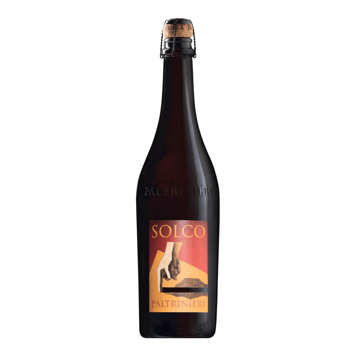 Eine dunkle Glasflasche Cantina Paltrinieri Lambrusco dell'Emilia IGT Solco, halbtrocken, 0,75 l, mit einem Korken und einem orange-gelben Etikett.