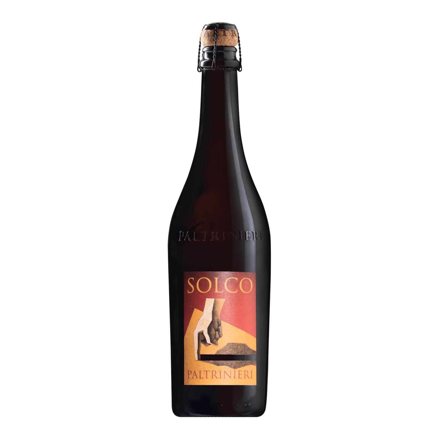 Eine dunkle Glasflasche Cantina Paltrinieri Lambrusco dell'Emilia IGT Solco, halbtrocken, 0,75 l, mit einem Korken und einem orange-gelben Etikett.