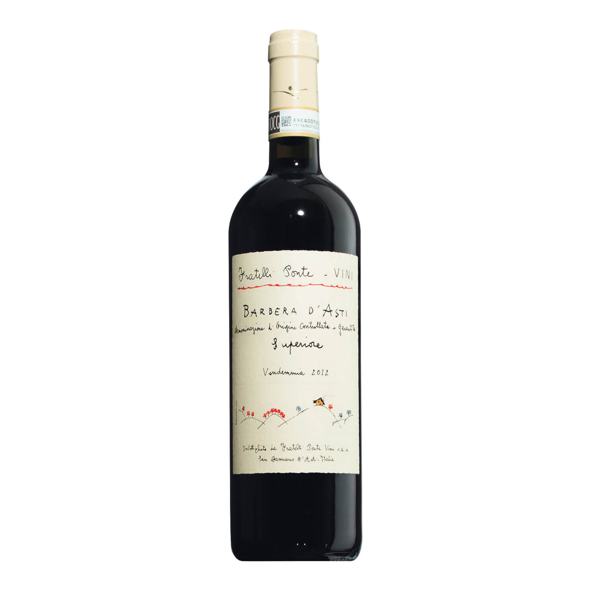Eine 0,75L Flasche Barbera d'Asti Superiore DOCG Rotwein von Fratelli Ponte mit weißem Etikett.