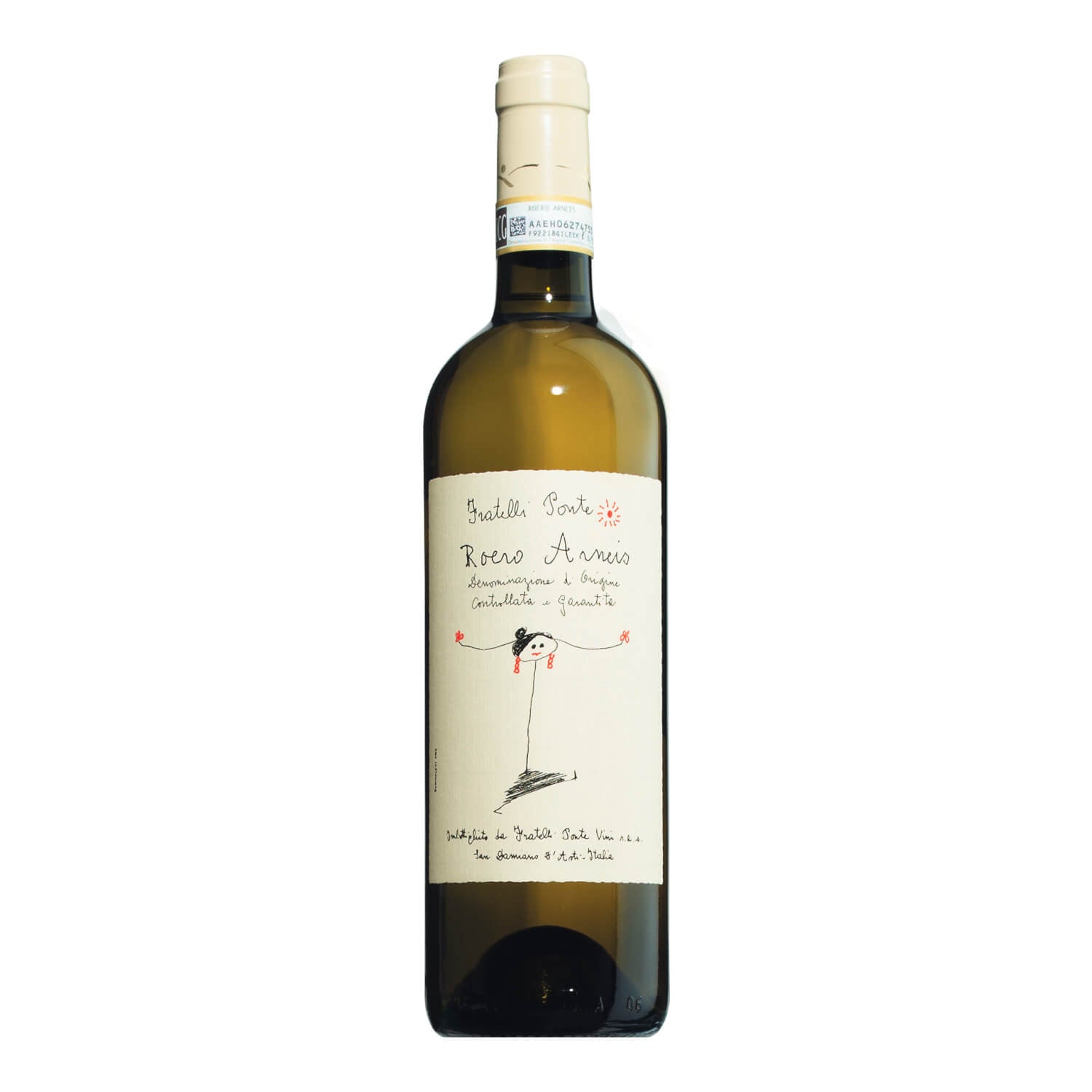 Eine 0,75 l Flasche Roero Arneis DOCG Weiß von Fratelli Ponte mit einem handgezeichneten Etikett mit einem lächelnden Strichmännchen.