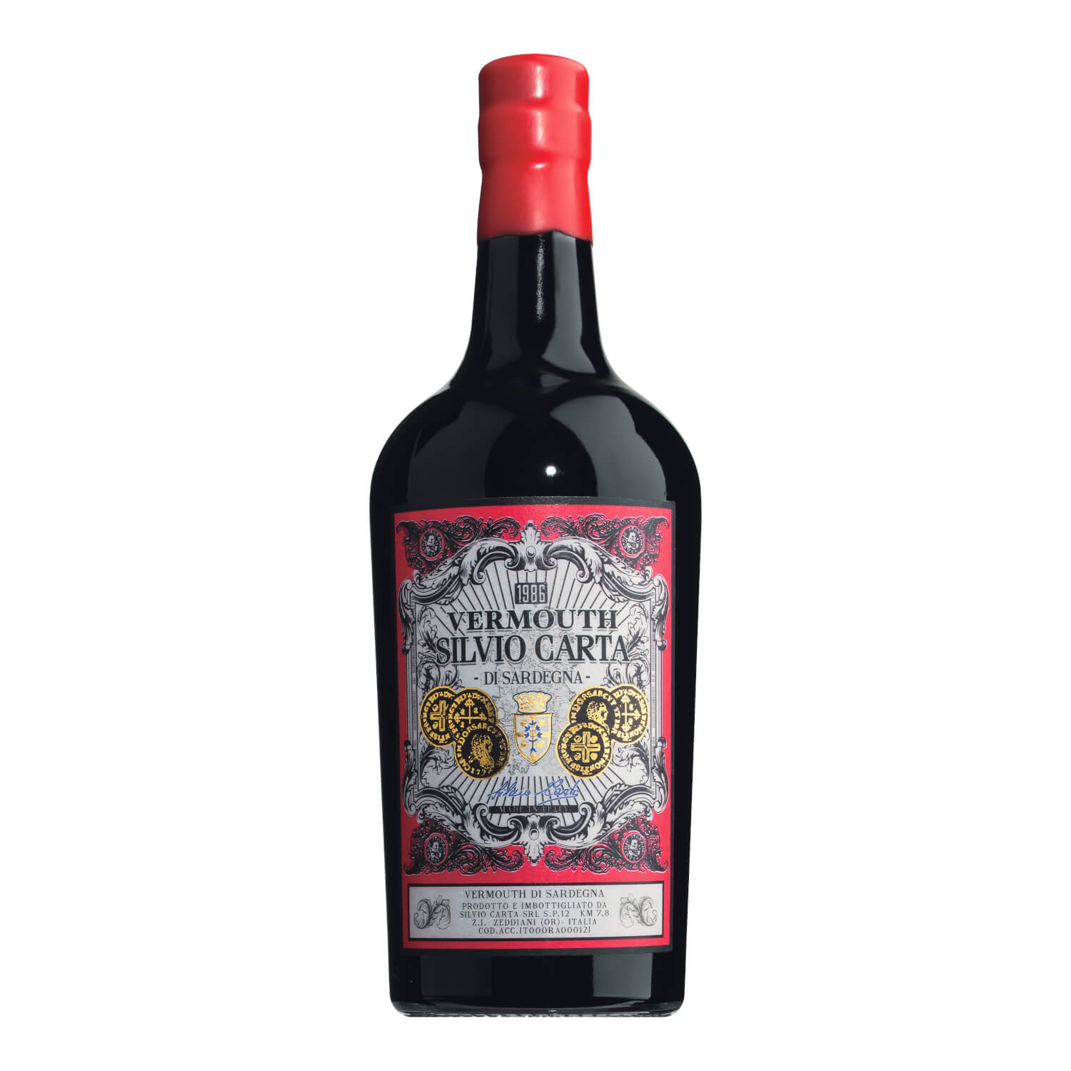 Eine 0,75-Liter-Flasche Silvio Carta 1986 Vermouth di Sardegna Wermut mit einem roten Wachssiegel und einem verzierten Etikett in Rot, Silber und Gold.