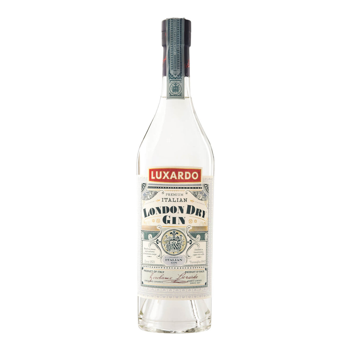 Eine 0,7-Liter-Flasche Luxardo London Dry Gin von Luxardo ist mit einem Etikett im Vintage-Stil auf weißem Hintergrund versehen.
