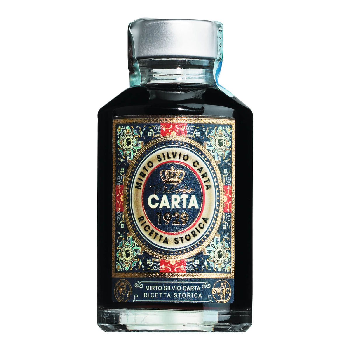 Eine 0,1-Liter-Glasflasche Silvio Carta Myrtenlikör Mini mit einem verschnörkelten Etikett im Vintage-Stil.