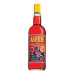 Eine 1-Liter-Flasche Silvio Carta Aperitivo Aspide Spritz mit einem roten Etikett, auf dem ein Glas, eine Orangenscheibe und eine Schlange abgebildet sind.