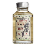 Mini-Klarglasflasche (0,1 l) von Silvio Carta Vermouth Bianco Servito mit dekorativem Etikett mit "Silvio Carta 1929" und Kartensymbolen.