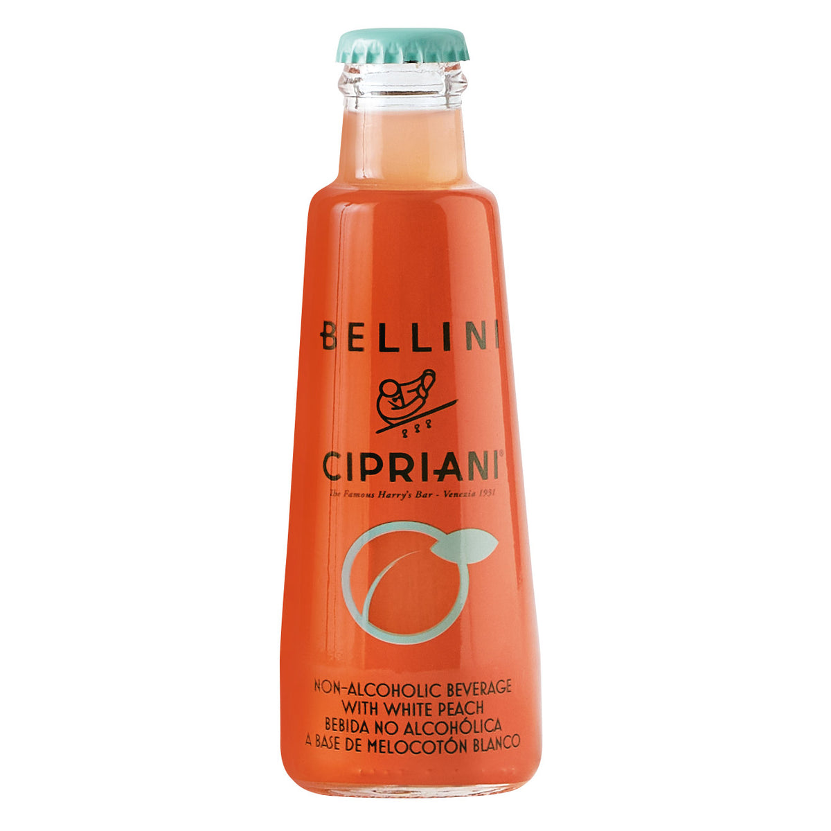 Eine Klarglasflasche Cipriani Virgin Bellini Fruchtcocktail alkoholfrei, 0,18 l, mit tealem Deckel und Etikett.