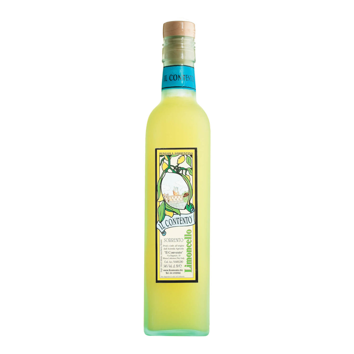 A 0,5 l Flasche Il Convento - traditioneller italienischer Limonenlikör mit dekorativem Etikett und Korkverschluss.