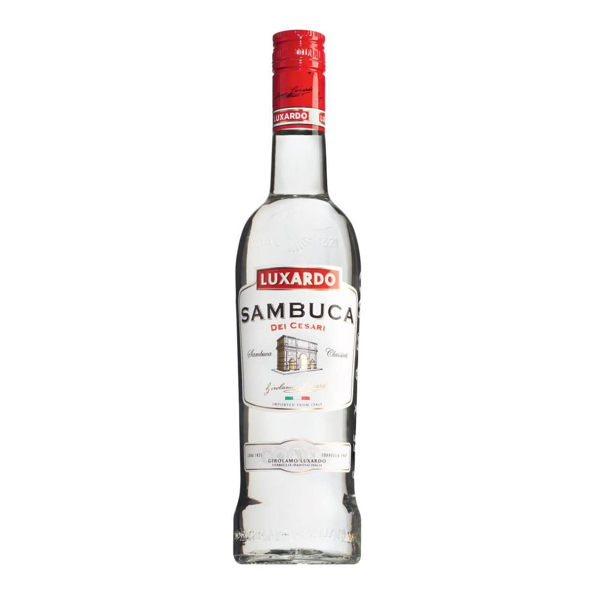 Eine 0,7 l Klarglasflasche Luxardo Sambuca dei Cesari mit rotem Verschluss und weißem Etikett von Luxardo.
