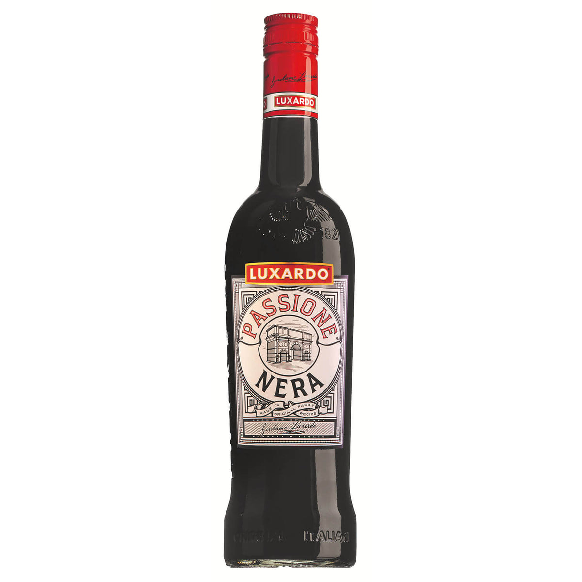 Eine 0,7-Liter-Flasche Luxardo Sambuca Passione Nera mit rotem Verschluss und einem verschlungenen schwarz-weiß-roten Etikett.