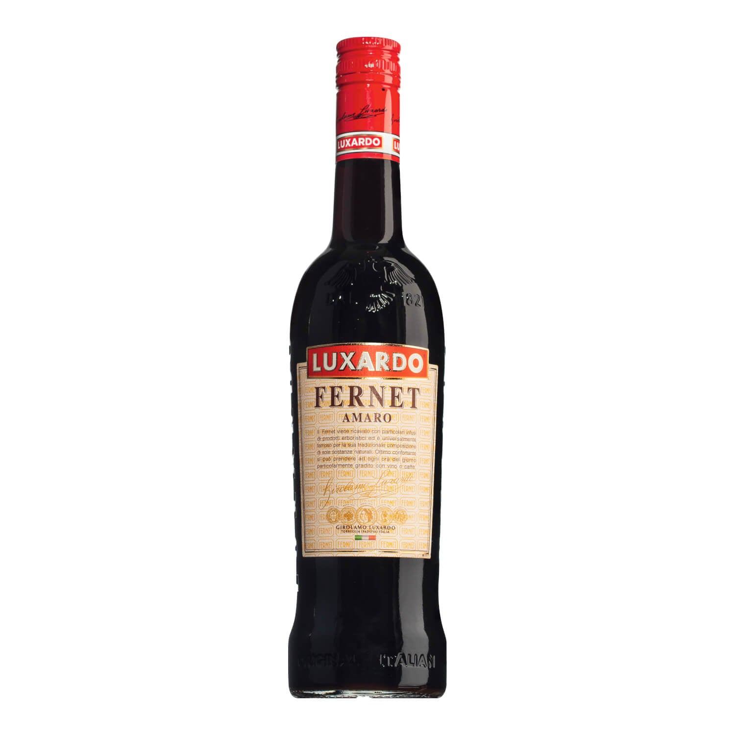 Abgebildet ist eine Flasche Luxardo Fernet - würziger Kräuterlikör, 0,7 l von Luxardo mit rotem Verschluss und beigem Etikett auf weißem Hintergrund.