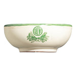 Cremefarbenes Degustier- u. Dip - Schälchen (9 x 4 cm) von Calvi, mit grünem Rand und einem Olivenzweigmotiv mit "CALVI" an der Seite.