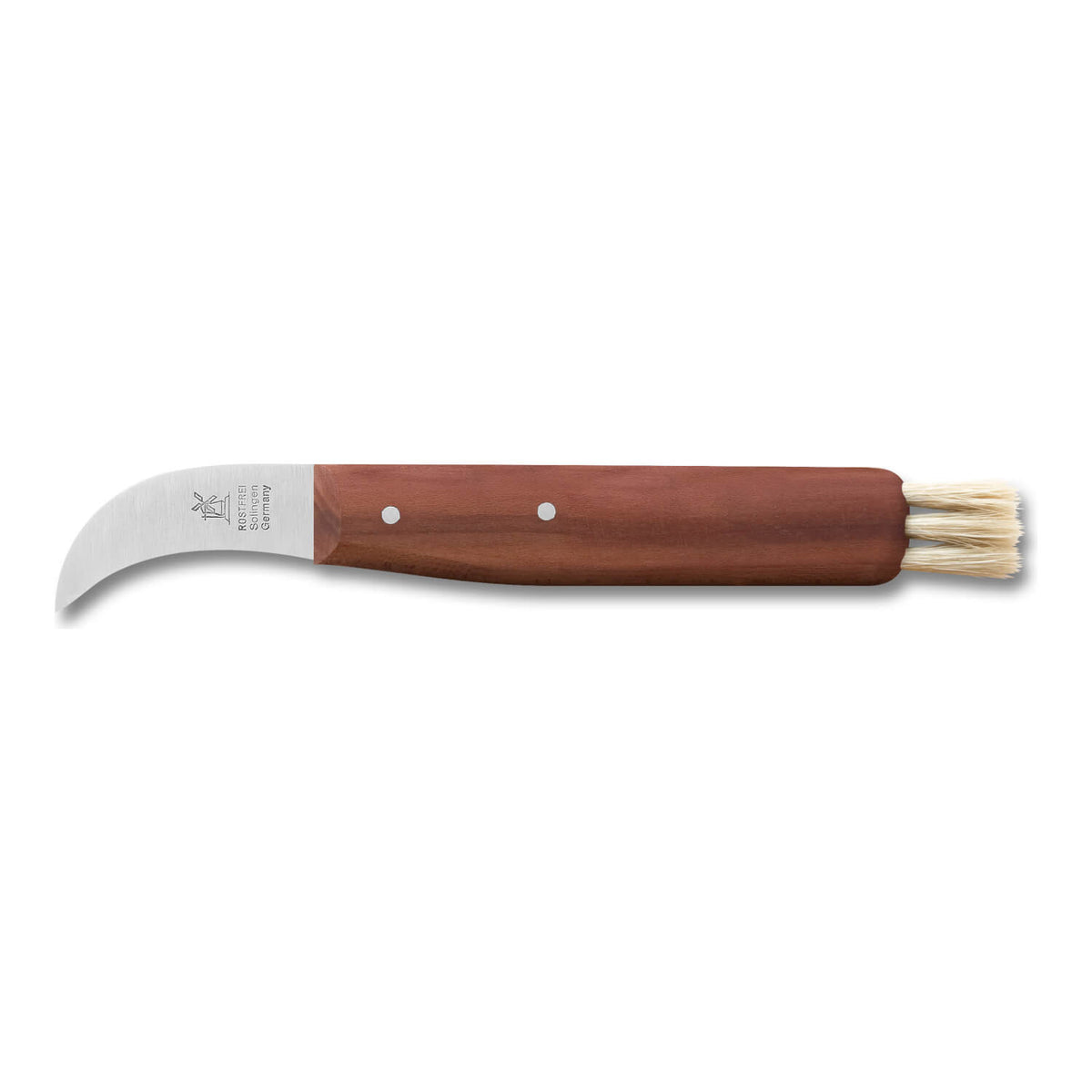 Das Pilzpflückmesser mit Borsten rostfrei von Windmühlenmesser (Griff Pflaume) ist ein gebogenes Messer mit Holzgriff und Bürste am Ende, isoliert auf weißem Hintergrund.
