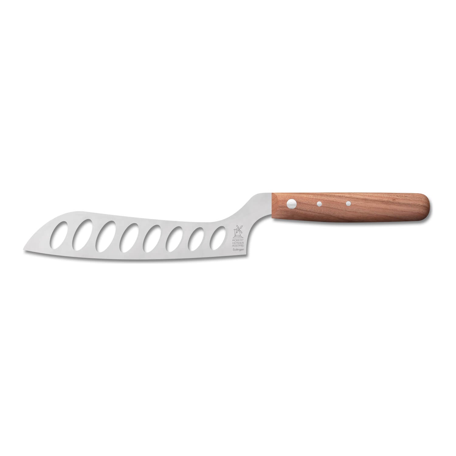 Das Fromago Langloch Käsemesser von Windmühlenmesser hat eine Klinge aus rostfreiem Stahl mit ovalen Aussparungen und einen Griff aus Kirschholz.