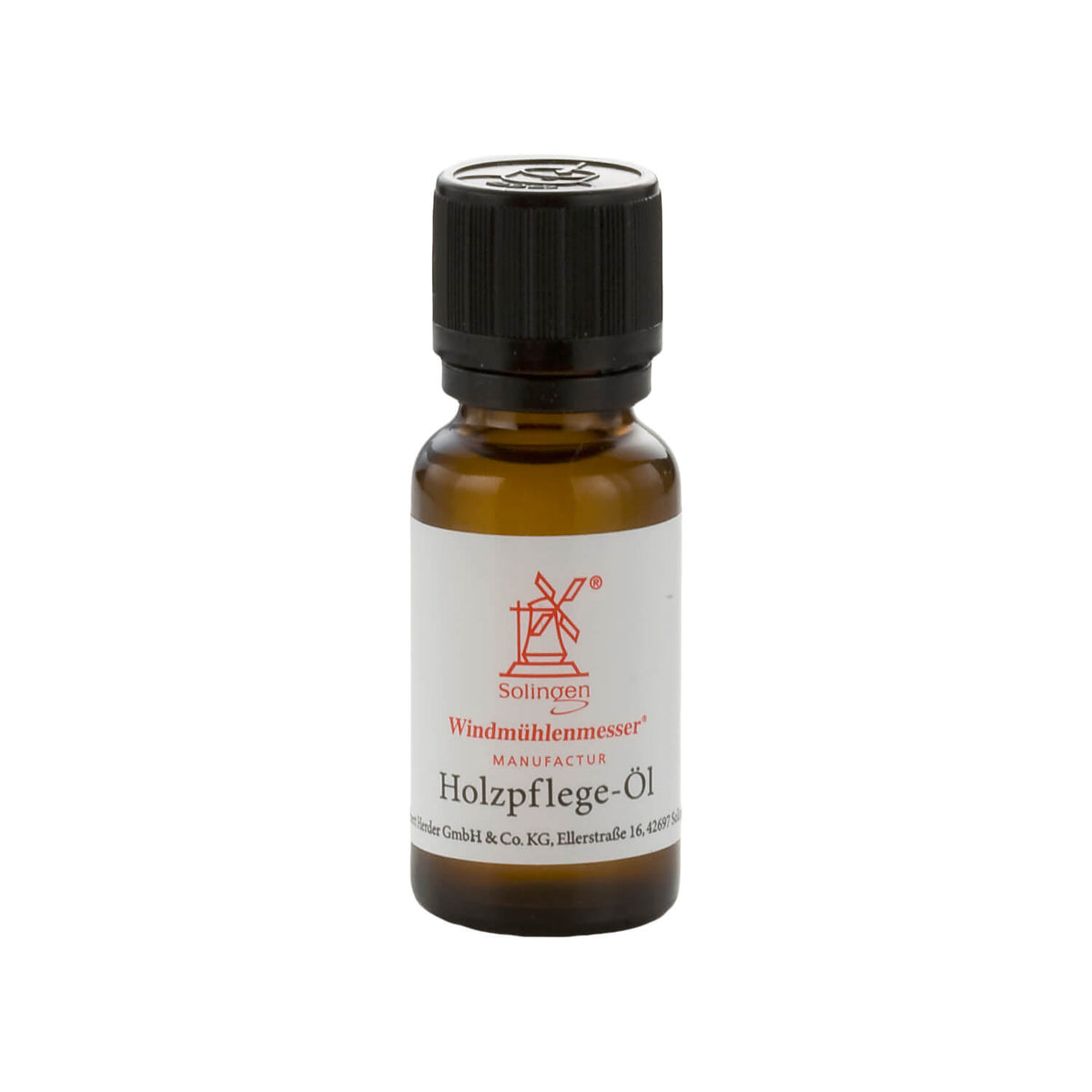 Eine kleine braune 20 ml Flasche Holzpflege-Öl aus Jojobaöl und ätherischem Zitronenöl von Windmühlenmesser (Robert Herder), mit schwarzem Verschluss und weißem Etikett.