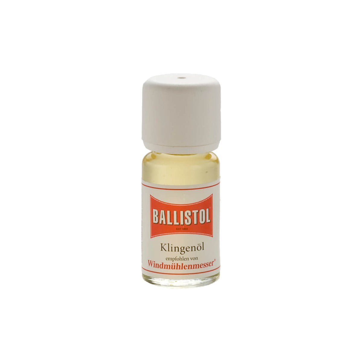 Eine 10-ml-Flasche Ballistol - Klingenöl zum Schutz vor Rost von Windmühlenmesser (Robert Herder), mit weißem Verschluss und rotem Etikett.