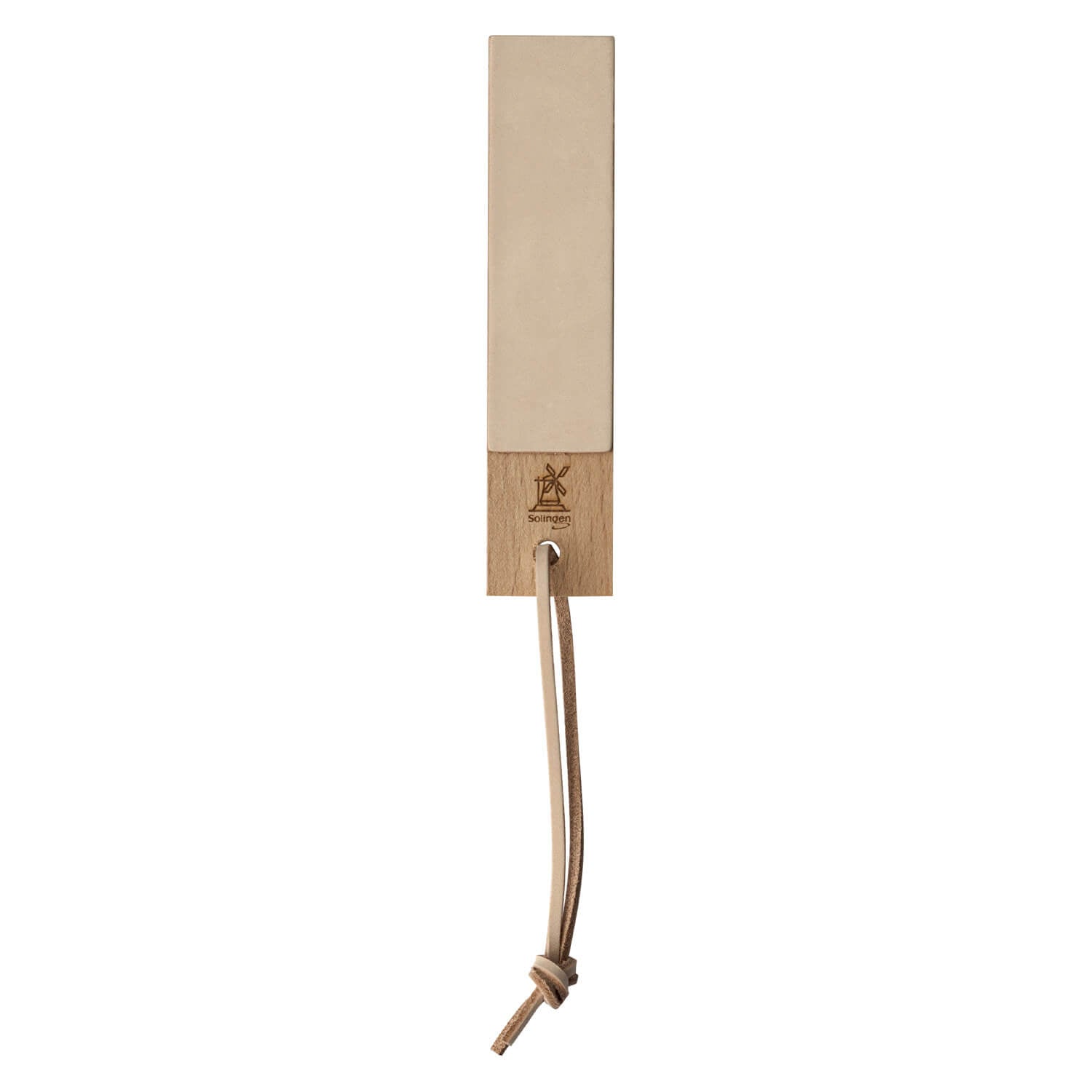 Streichriemen klein für IBEX Taschenmesser, 135x30x9 mm von Windmühlenmesser - by Robert Herder, rechteckig mit Lederband und heller Oberseite.