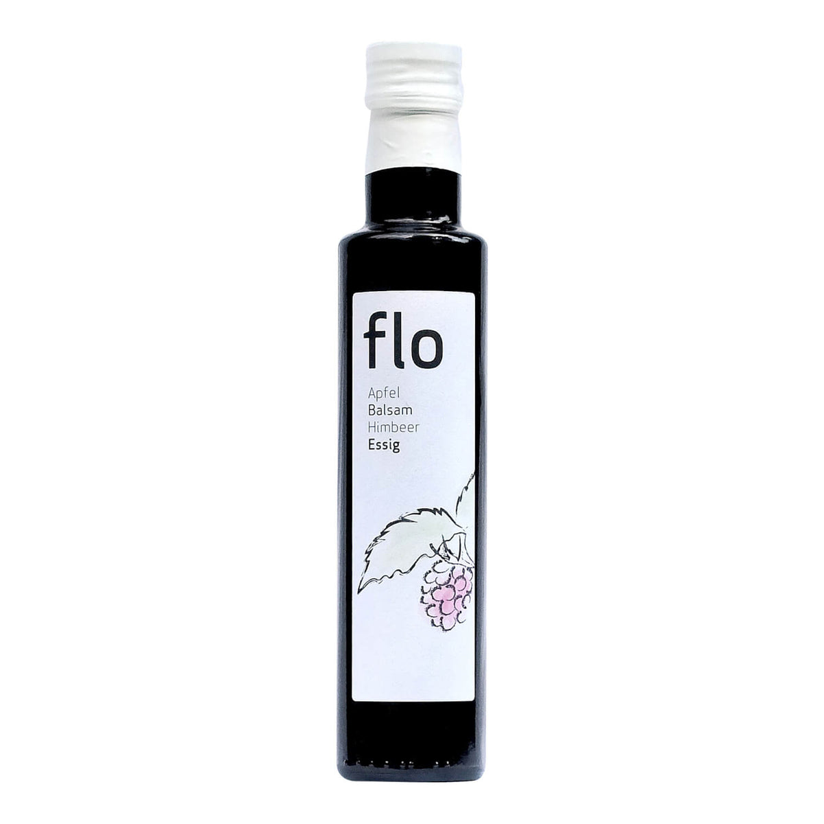 Eine 250 ml Flasche Pölzer Bio Apfel Balsam Himbeer Essig mit weißem Etikett und Himbeer-Illustration.