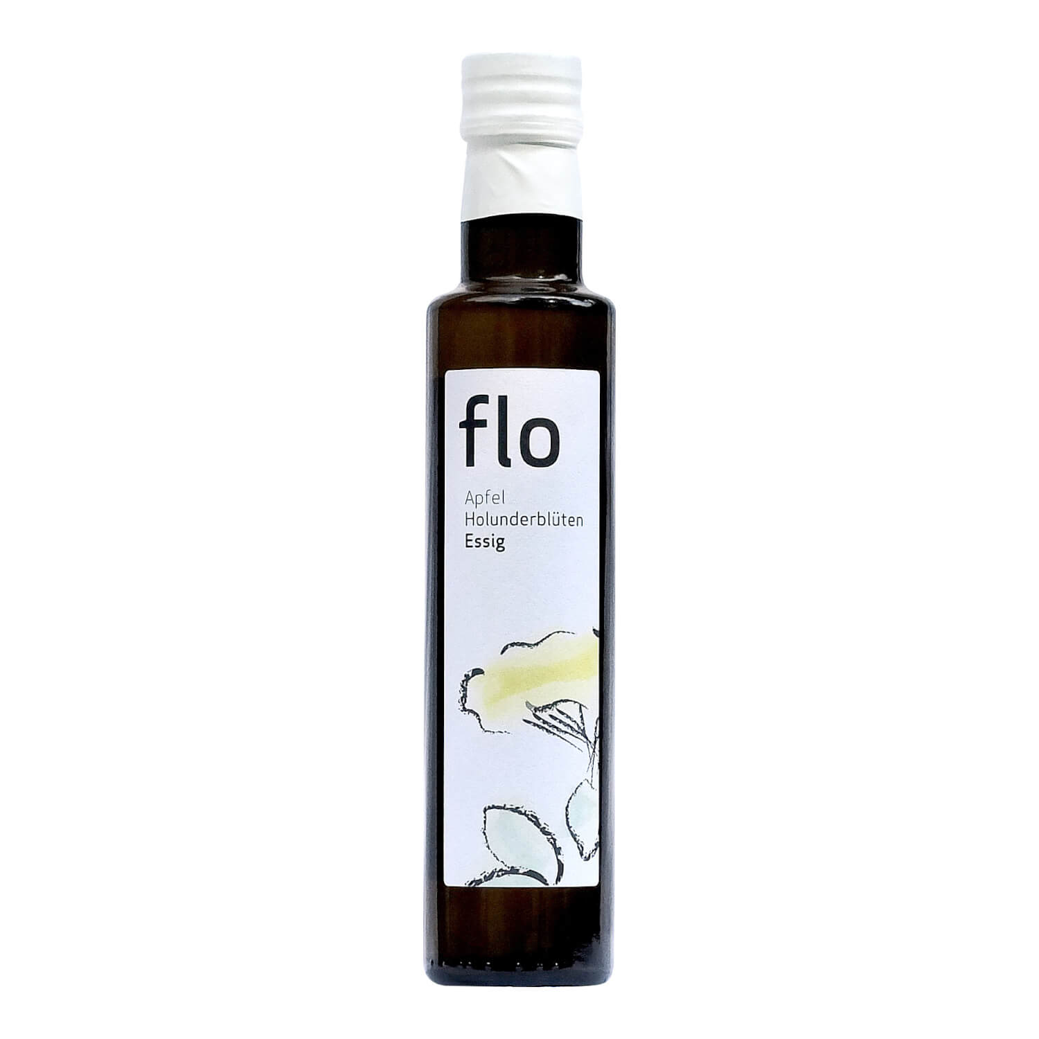 Dunkle Glasflasche mit der Aufschrift Pölzer Bio Apfel Holunderblüten Essig, 250 ml, mit einer einfachen floralen Illustration.