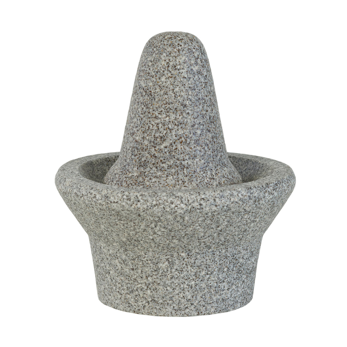 Der Handmörser Granicium® von Denk Keramik ist ein Mörser- und Stößelset aus Granit mit einem kegelförmigen Stößel, der in der Schale ruht.