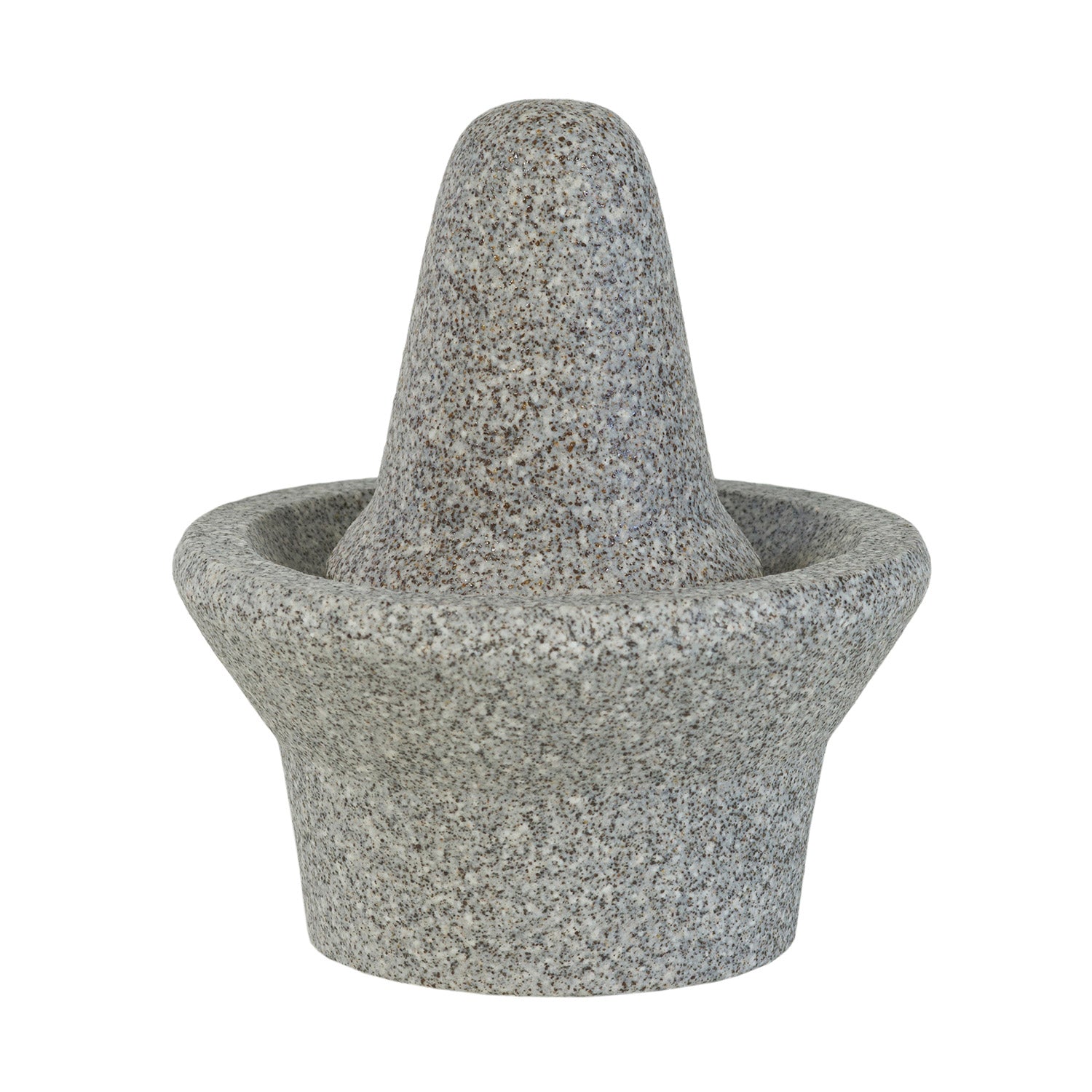 Der Handmörser Granicium® von Denk Keramik ist ein Mörser- und Stößelset aus Granit mit einem kegelförmigen Stößel, der in der Schale ruht.