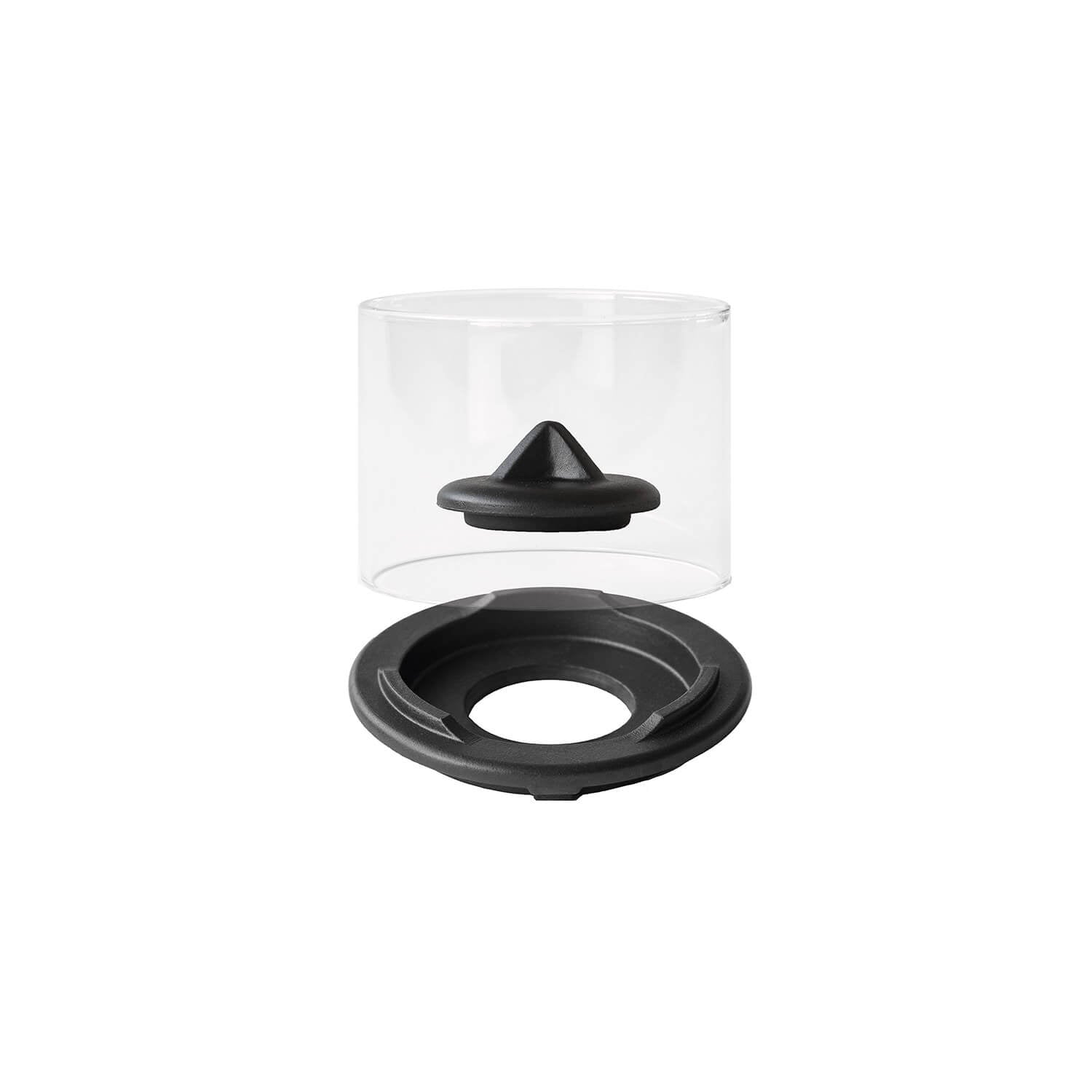 Der Windglasaufsatz für Schmelzfeuer® Indoor CeraLava® von Denk by Denk Keramik ist ein durchsichtiger Behälter mit schwarzem Deckel und einem separaten schwarzen Kegelstück im Inneren.