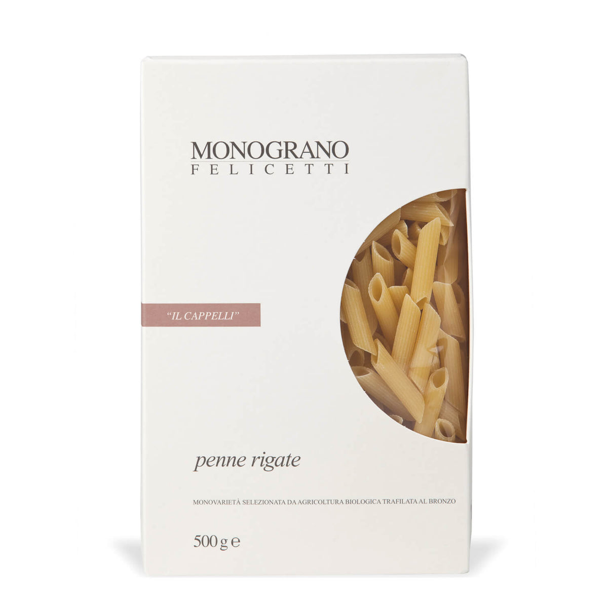 Eine 500-g-Packung Felicetti Penne Rigate Il Cappelli aus Hartweizen Bio mit einem Sichtfenster, auf dem die Pasta abgebildet ist.