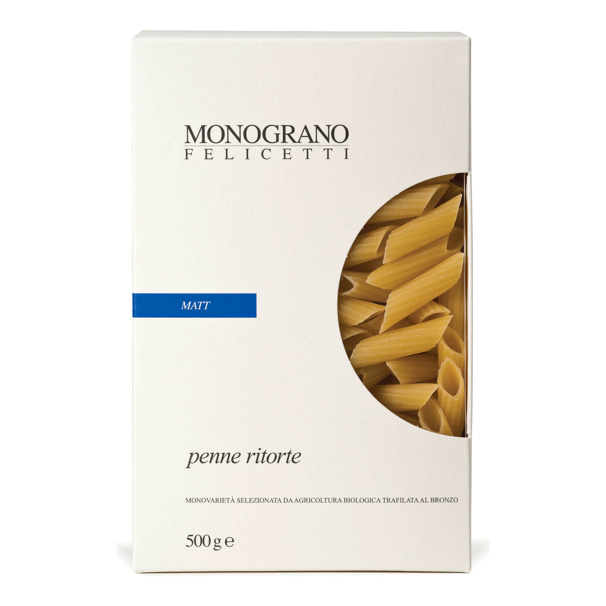 Eine 500-g-Packung Felicetti Penne Ritorte di Granoduro Matt aus Hartweizen Bio Pasta.