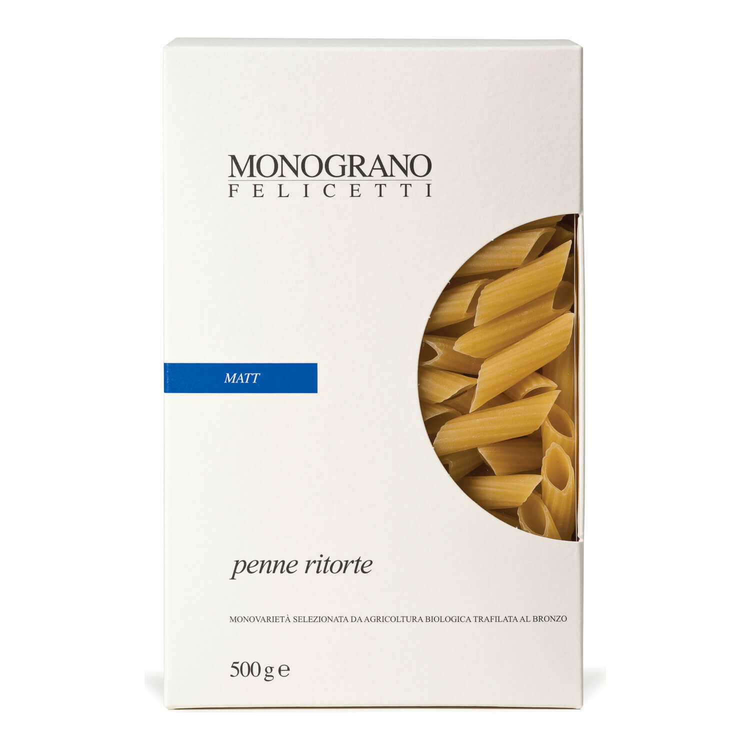 Eine 500-g-Packung Felicetti Penne Ritorte di Granoduro Matt aus Hartweizen Bio Pasta.