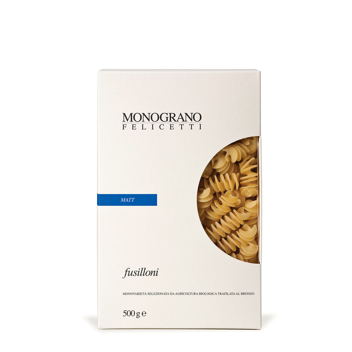 Eine 500-g-Packung Felicetti Fusilloni di Granoduro Matt aus Hartweizen Bio mit einem Sichtfenster, durch das man das Innere der Pasta sehen kann.
