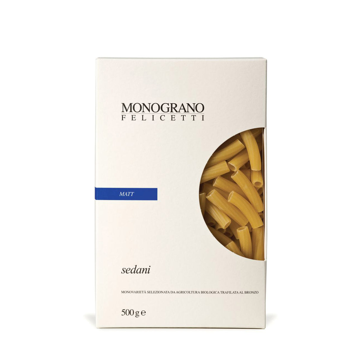 Eine 500g-Packung Felicetti Sedani di Granoduro Matt aus Hartweizen Bio mit einem Sichtfenster, das die Bio-Hartweizennudeln im Inneren zeigt.