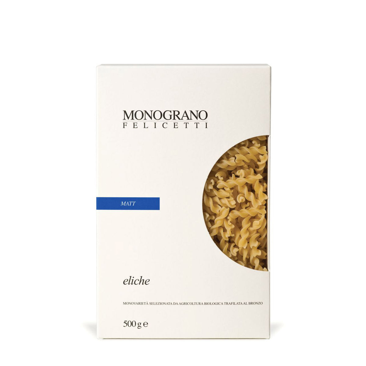 Eine 500-g-Packung Felicetti Eliche di Granoduro Matt aus Hartweizen Bio Pasta mit einem Sichtfenster, das den Inhalt der Pasta zeigt.
