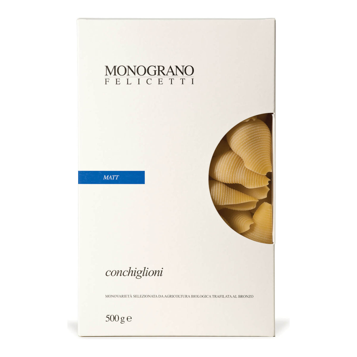 Eine 500g-Packung Felicetti Conchiglioni (Große Muschel) di Granoduro Matt Bio, schalenförmige Bio-Hartweizennudeln.