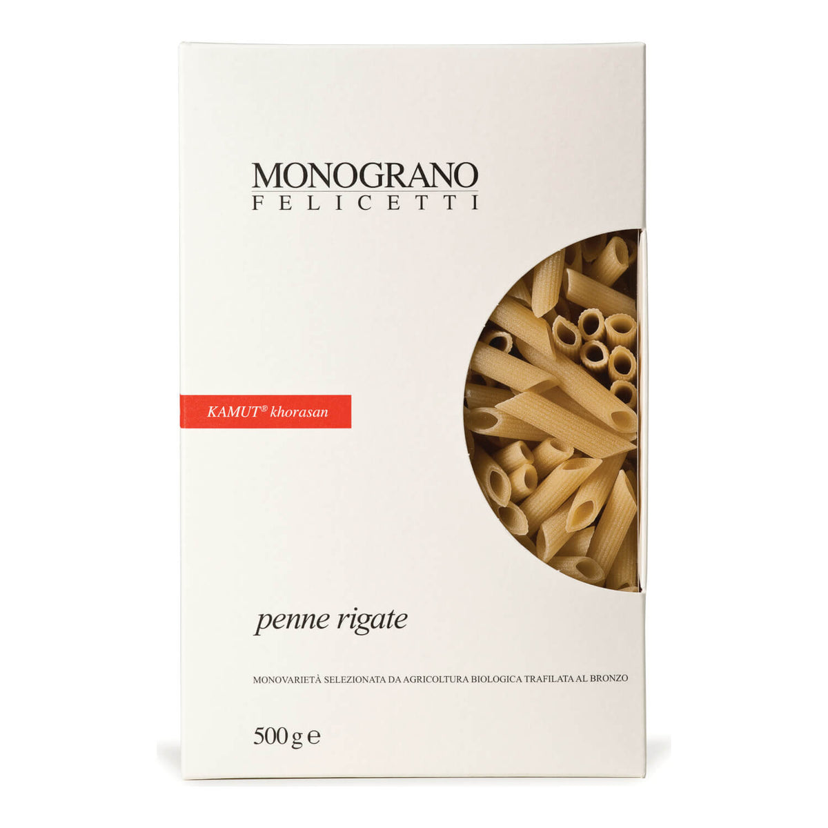 Eine 500-g-Packung Felicetti Penne Rigate di Kamut®-Khorasan Bio-Nudeln, wobei die Nudeln durch ein Fenster sichtbar sind.
