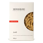 Eine 500-g-Schachtel Felicetti Fusilli di Kamut®-Khorasan Bio mit einem Sichtfenster, das die spiralförmige Pasta im Inneren zeigt.