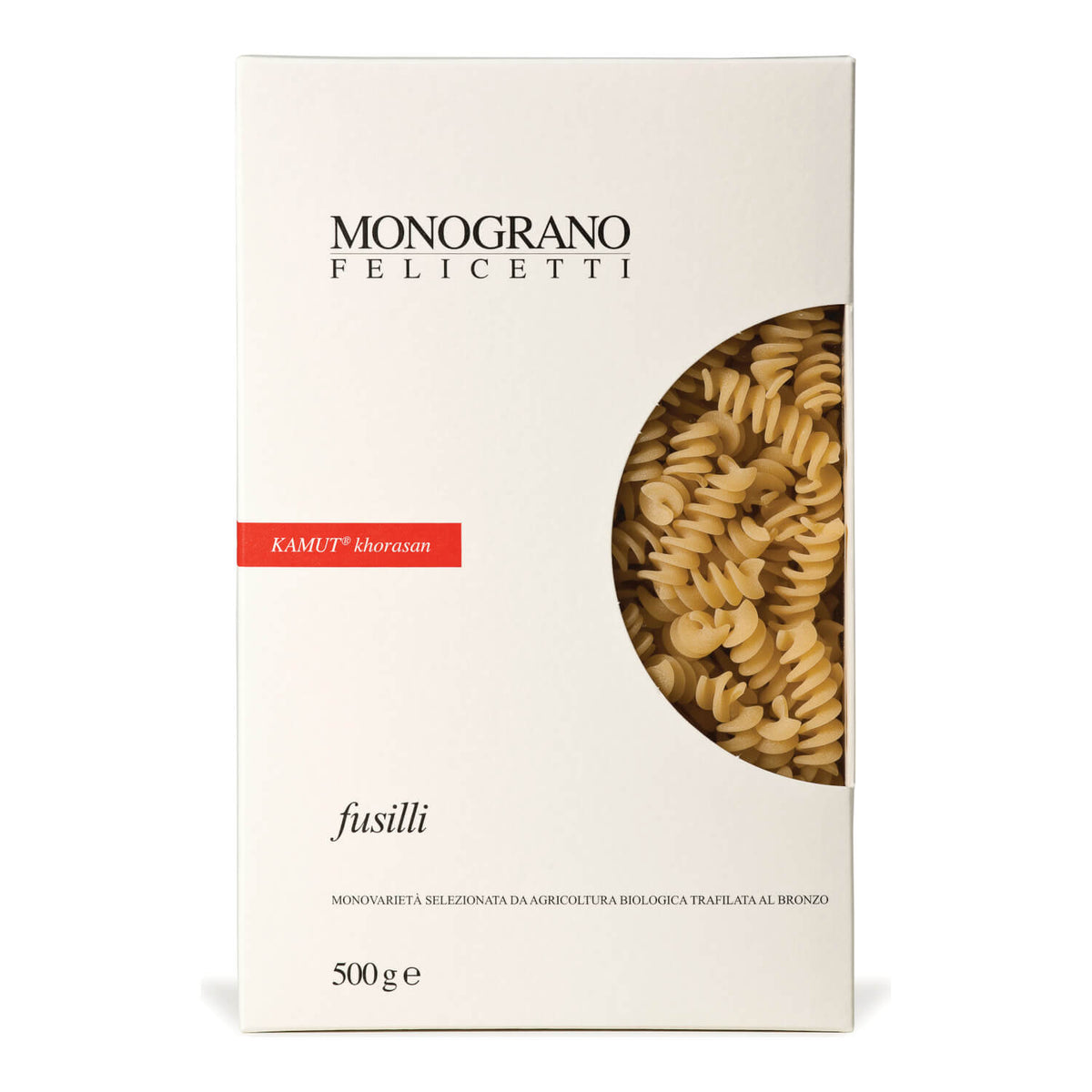 Eine 500-g-Schachtel Felicetti Fusilli di Kamut®-Khorasan Bio mit einem Sichtfenster, das die spiralförmige Pasta im Inneren zeigt.