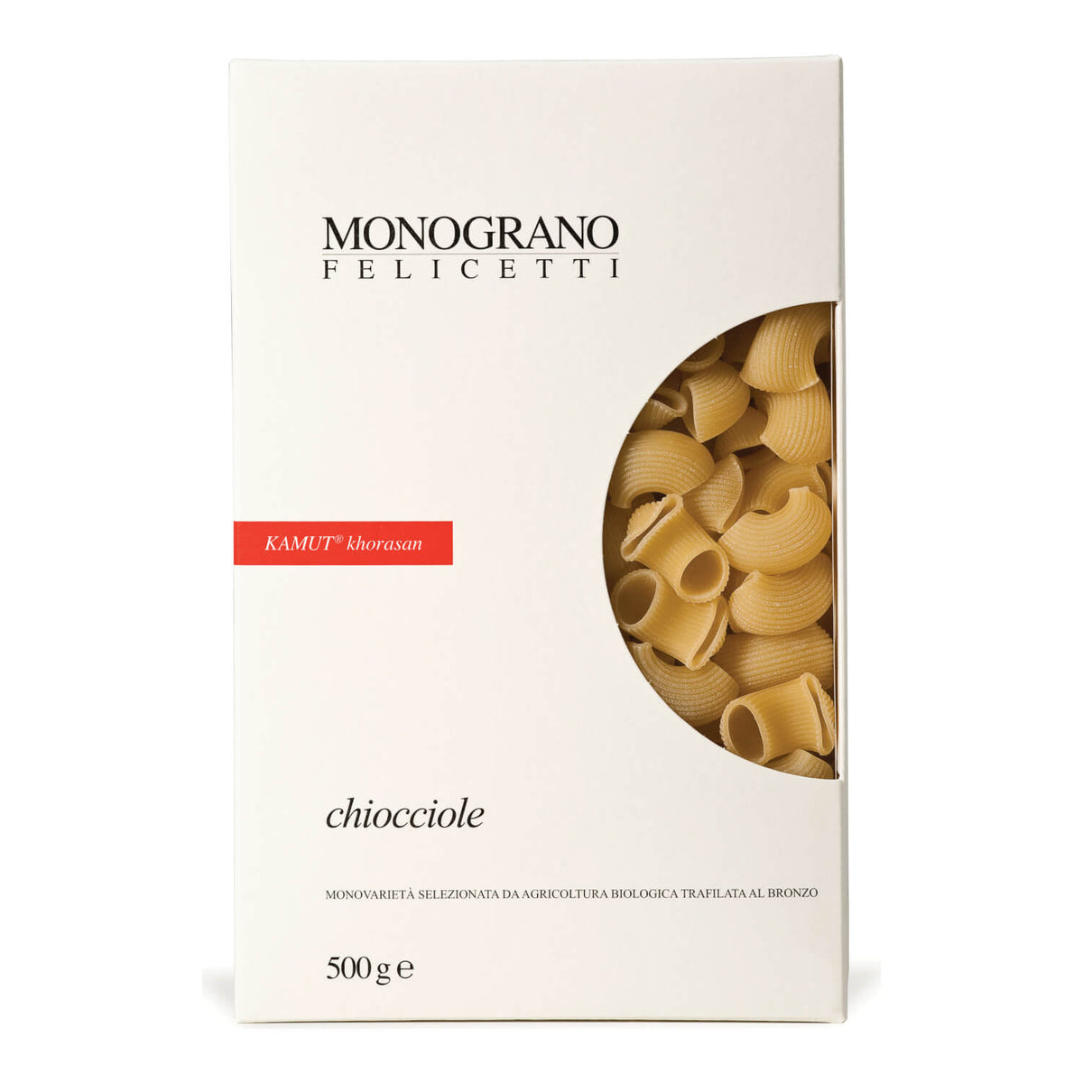 Eine weiße Schachtel Felicetti Chiocciole di Kamut®-Khorasan Bio, 500 g Nudeln mit einem Sichtfenster, auf dem die Nudeln zu sehen sind.